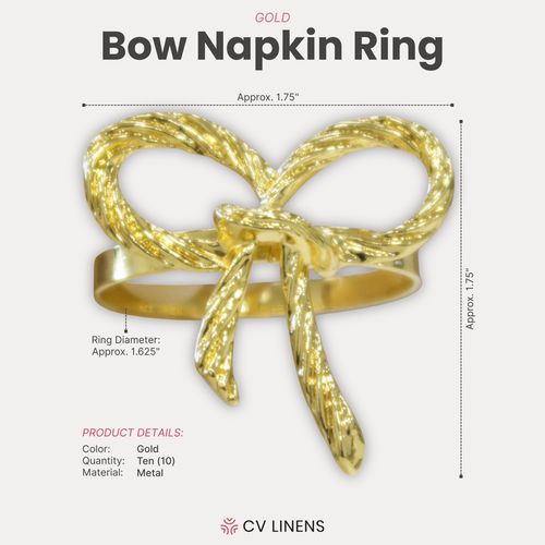 10 pc/pk Gold Rope Bow Tie Napkin Ring infographic showing dimensions