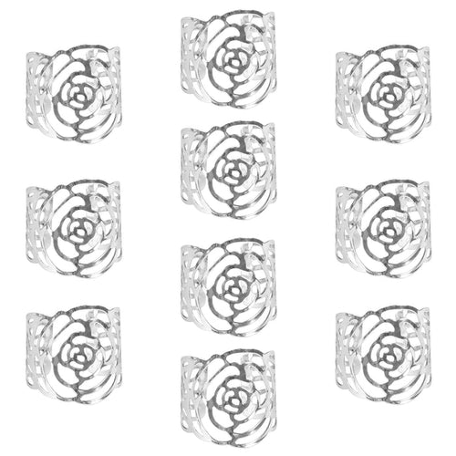 10 pc/pk Laser Cut Rose Metal Napkin Ring - Silver - CV Linens