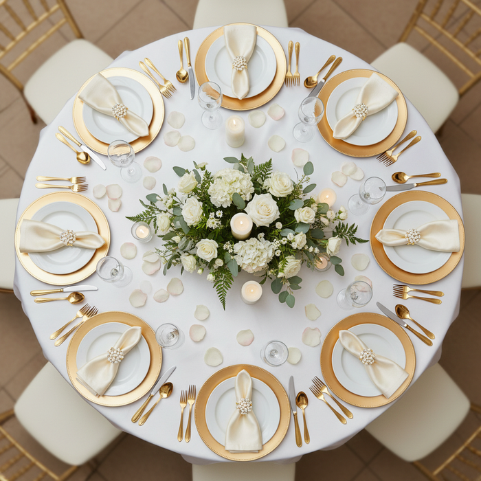 top view table setup with 10 pc/pk Pearl and Diamond Cluster Napkin Ring - Gold