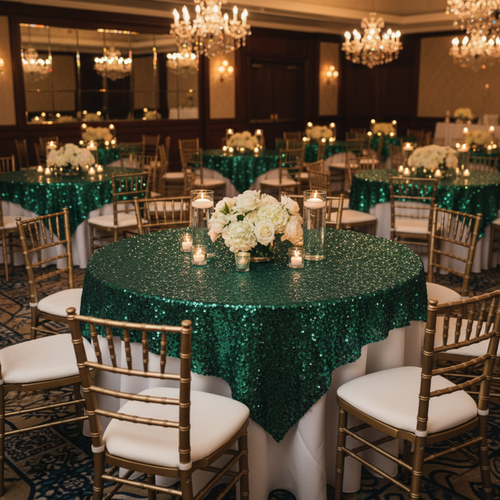 Indoor Banquet Hall with Emerald Green Sequin Overlays