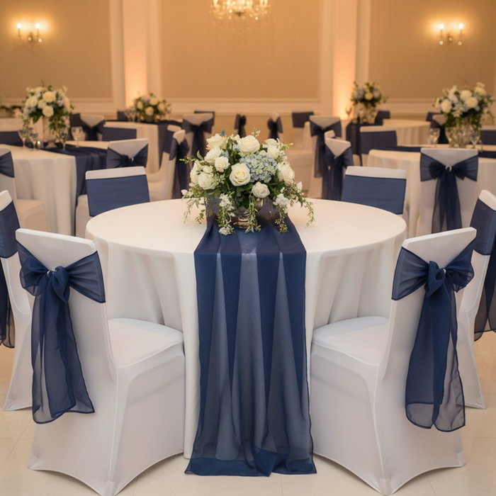 Indoor Round Table with Navy Runner & Sashes