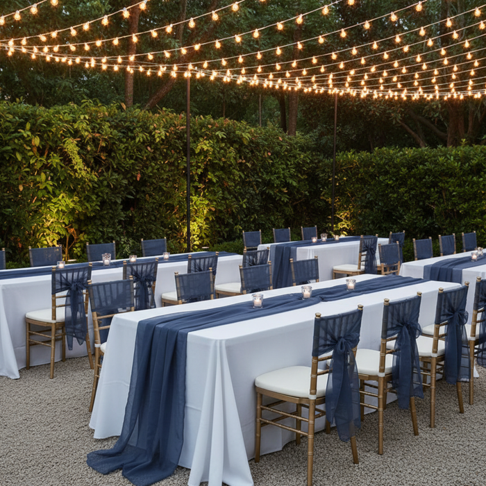 Outdoor Banquet with Navy Runner & Sashes
