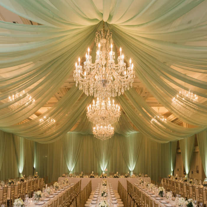 Sage Green Voile Ceiling Drape Ballroom
