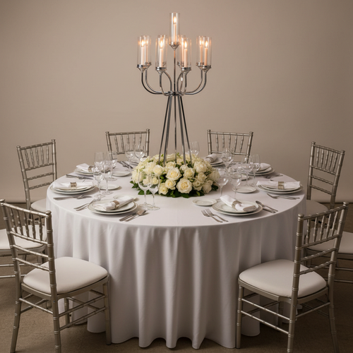 12 Arms Candle Holder Wedding Candelabra Table Centerpiece 48"H - Silver with Silver Chairs.