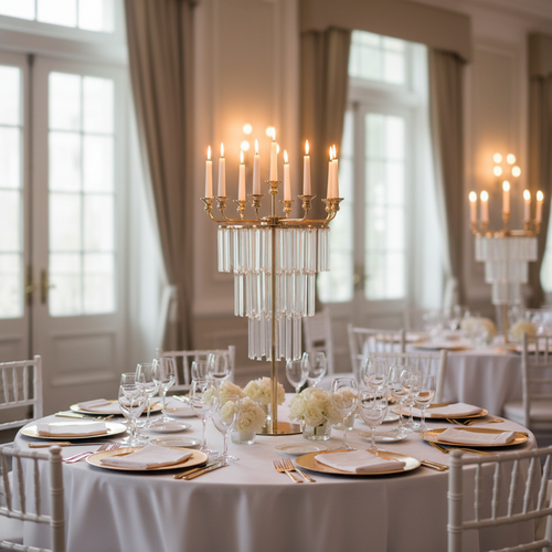 12 Arms Chandelier Candelabra Centerpiece - Gold in Round Table with Chiavari White Chairs.