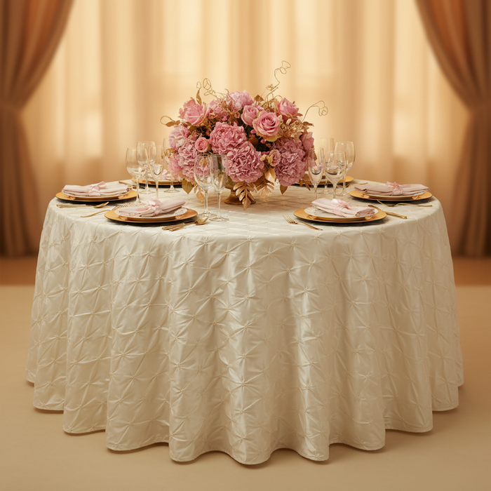 120" Pinchwheel Round Tablecloth - Ivory with gold charger plate | white dinner plate | blush napkin | wine goblets | flower centerpiece