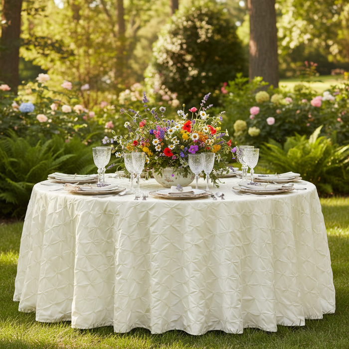 120" Pinchwheel Round Tablecloth - Ivory with gold trimmed charger plate | white dinner plate | white napkin | wine goblets | flower centerpiece