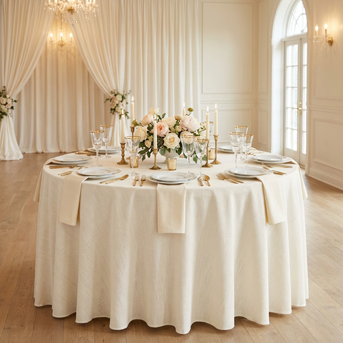 Light Ivory/Off White Premium Linen-Look Panama Weave 120" Round Tablecloth | Wedding | Event | Wholesale by CV Linens