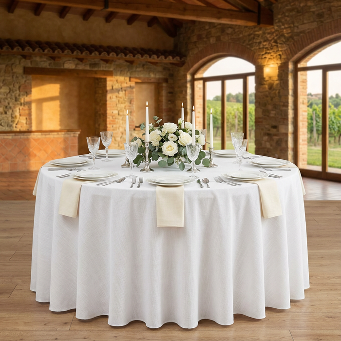 front detail of 120" Round Premium Linen-Look Panama Weave Tablecloth - White