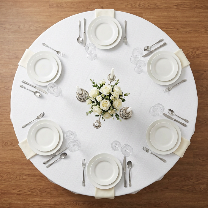 top view detail of 120" Round Premium Linen-Look Panama Weave Tablecloth - White