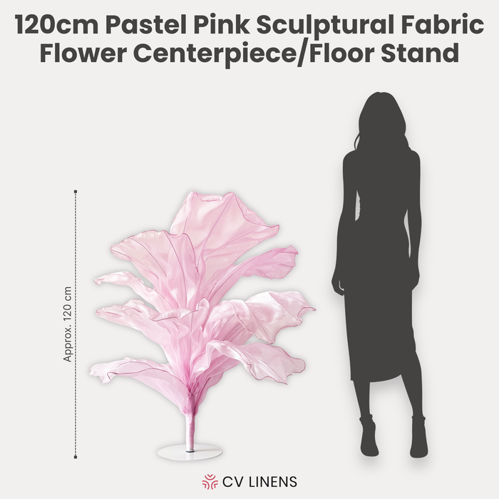 120cm Sculptural Fabric Flower Centerpiece/Floor Stand Pastel Pink infographic showing height comparison