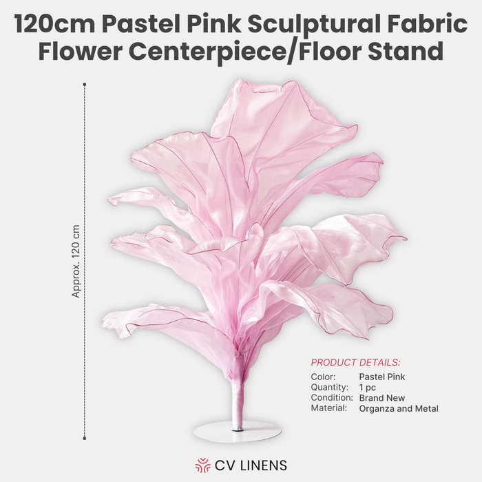 120cm Sculptural Fabric Flower Centerpiece/Floor Stand Pastel Pink infographic
