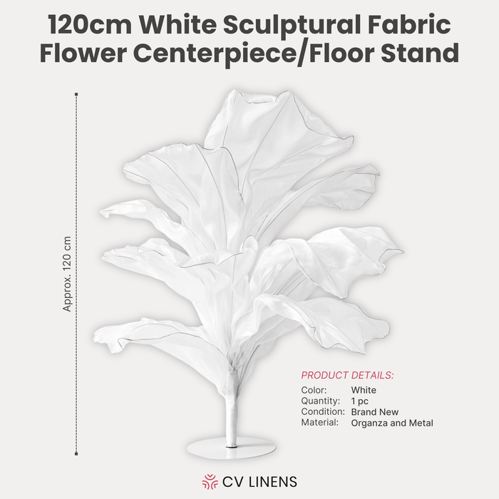 120cm Sculptural Fabric Flower Centerpiece/Floor Stand White infographic