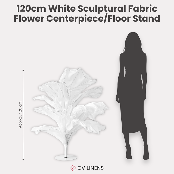 120cm Sculptural Fabric Flower Centerpiece/Floor Stand White infographic showing height comparison