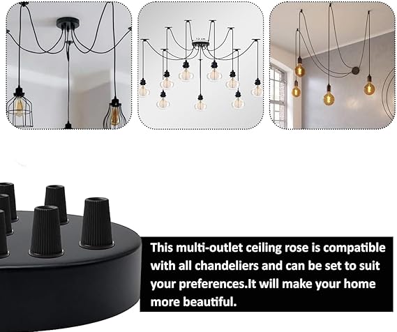 120mm Black Metal 9 Outlet Ceiling Rose Pendant Light Fitting~2775