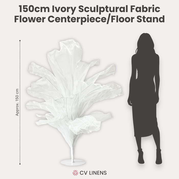 150cm Sculptural Fabric Flower Centerpiece/Floor Stand Ivory infographic showing height comparison