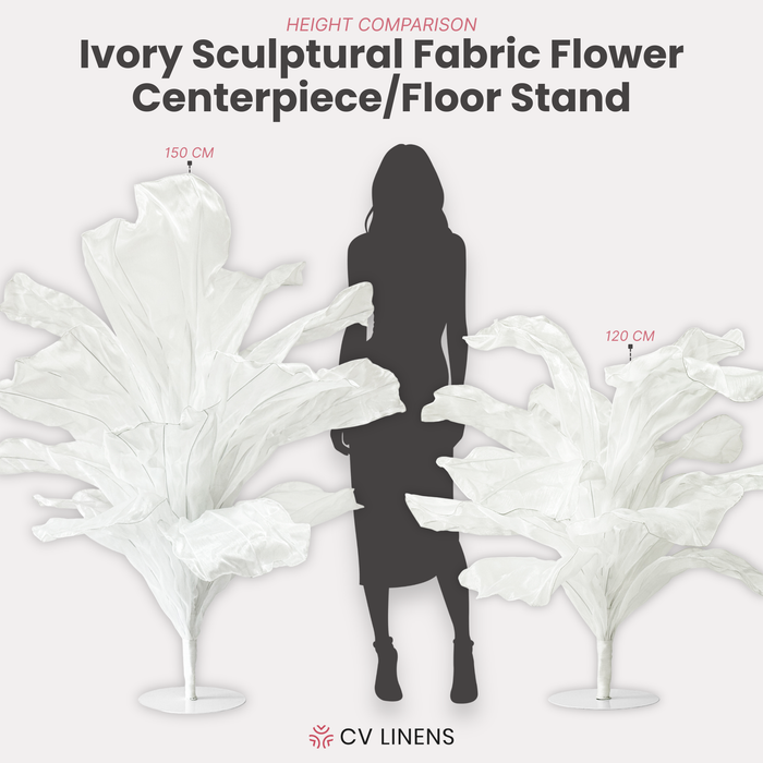 150cm Sculptural Fabric Flower Centerpiece/Floor Stand Ivory infographic showing height comparison with the smaller 120cm Sculptural Fabric Flower Centerpiece/Floor Stand Ivory