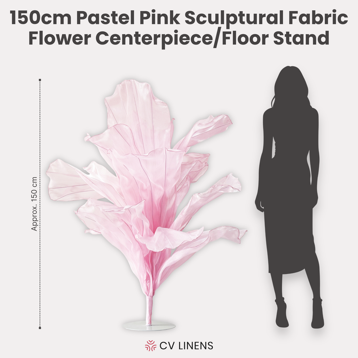150cm Sculptural Fabric Flower Centerpiece/Floor Stand Pastel Pink infographic showing height comparison