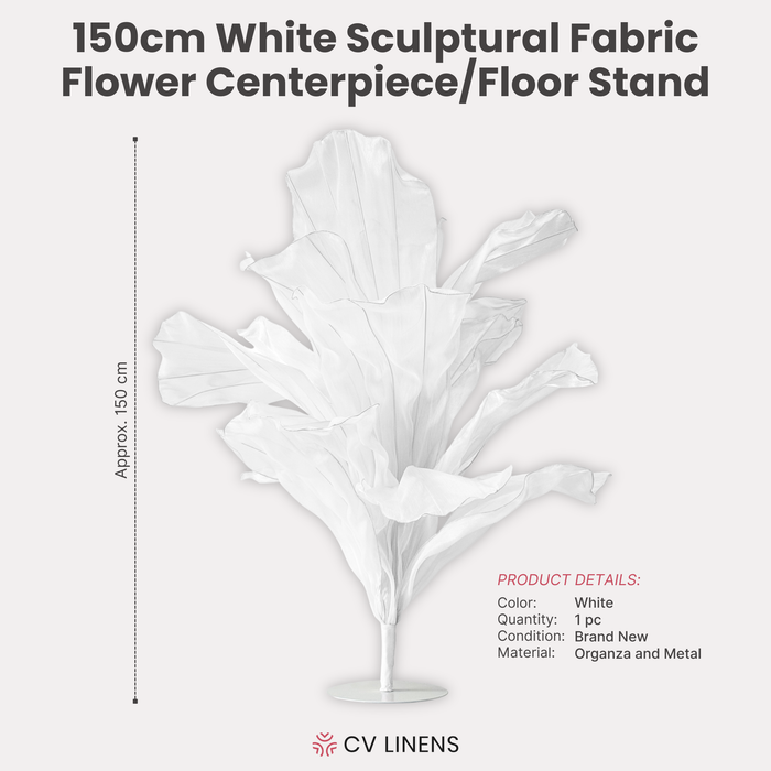 150cm Sculptural Fabric Flower Centerpiece/Floor Stand White infographic
