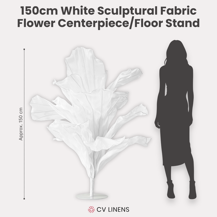 150cm Sculptural Fabric Flower Centerpiece/Floor Stand White infographic showing height comparison