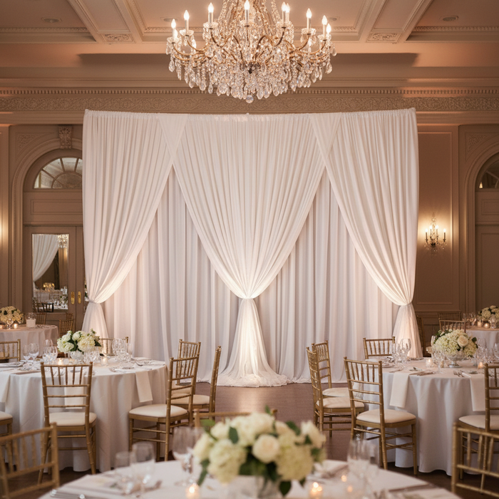 2 pc Crossbar support (drape support) rod 3ft to 5ft with white chiffon drapes for wedding reception