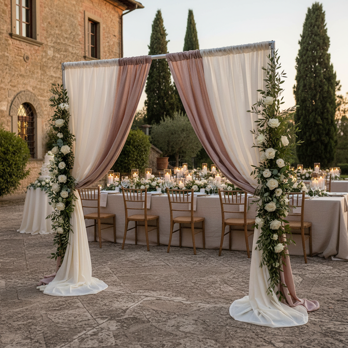 2 pc Crossbar support (drape support) rod 3ft to 5ft for outdoor backdrop with dusty mauve and ivory chiffon drapes