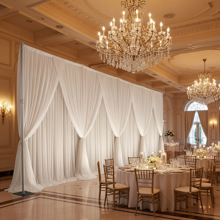 2 pc Crossbar support (drape support) rod 6ft to 10ft with white chiffon drape for indoor wedding reception