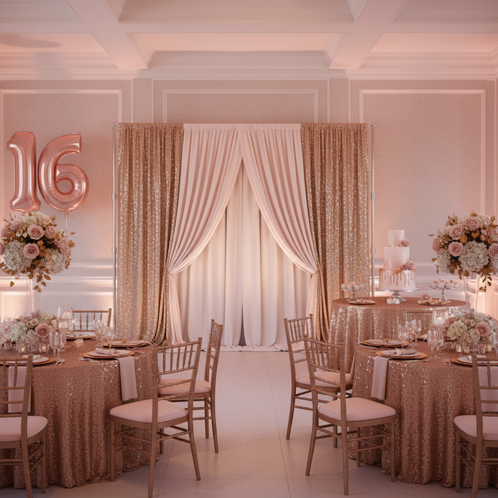 2 pc Crossbar support (drape support) rod 6ft to 10ft with ivory drape and glitz sequin in blush for sweet 16th birthday