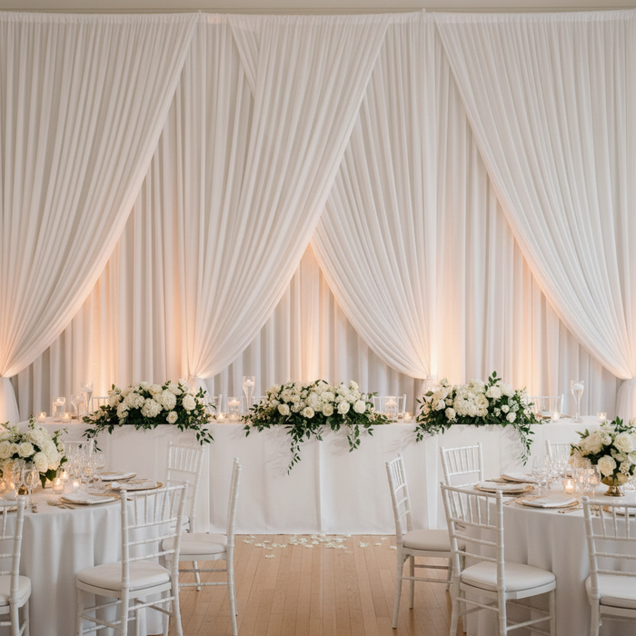 2 pc Crossbar support (drape support) rod 8ft to 14ft with white spandex drapes for wedding reception