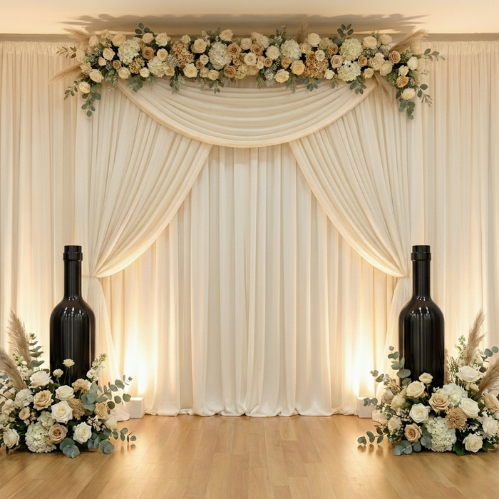 2pcs/pk Giant 39" Tall Wine Bottle Prop Floor Display/Centerpiece Black in front of the drape backdrop with florals