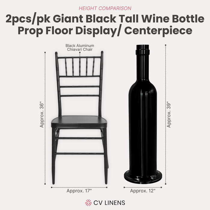 2pcs/pk Giant 39" Tall Wine Bottle Prop Floor Display/Centerpiece Black  infographic showing height comparison with a chiavari chair
