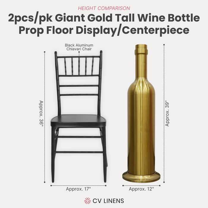 2pcs/pk Giant 39" Tall Wine Bottle Prop Floor Display/Centerpiece - Gold next to a chiavari chair to show height comparison