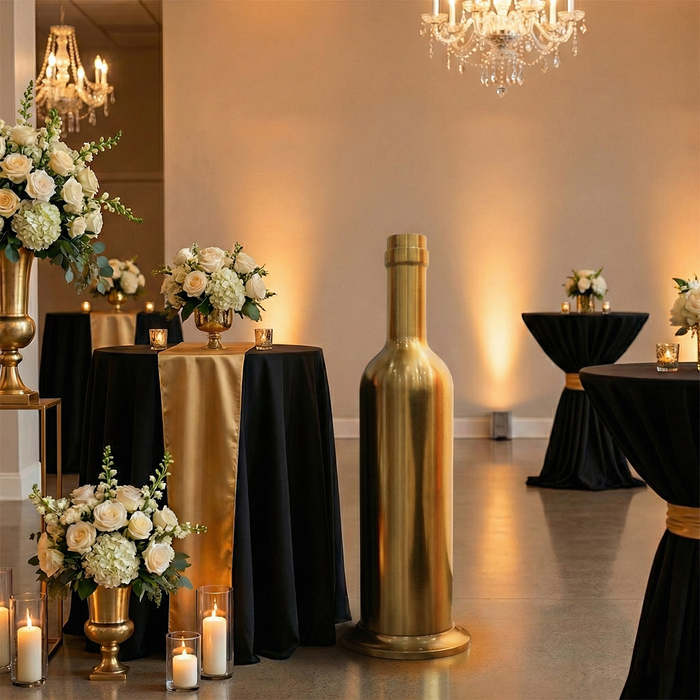 Black and Gold reception setting with 2pcs/pk Giant 39" Tall Wine Bottle Prop Floor Display/Centerpiece Gold