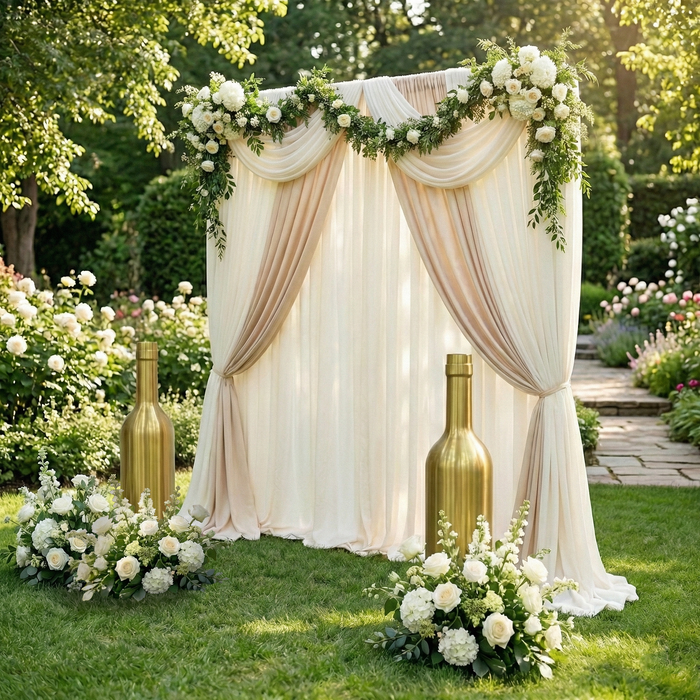 2pcs/pk Giant 39" Tall Wine Bottle Prop Floor Display/Centerpiece Gold outdoor wedding backdrop with draping and floral and greenery garland