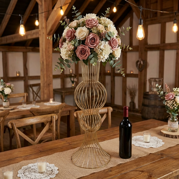 2pcs/set Metal Wire Floral Stand Centerpiece Gold rustic table setting with burlap table runner and faux florals