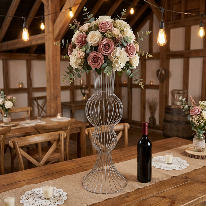 2pcs/set Metal Wire Floral Stand Centerpiece Silver rustic table setting with burlap table runner and faux florals