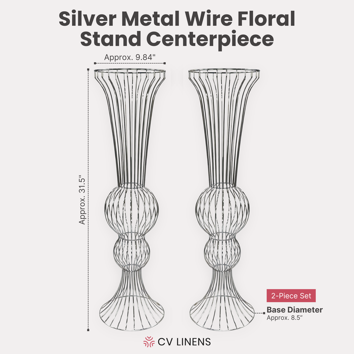 2pcs/set Metal Wire Floral Stand Centerpiece Silver infographic showing product details