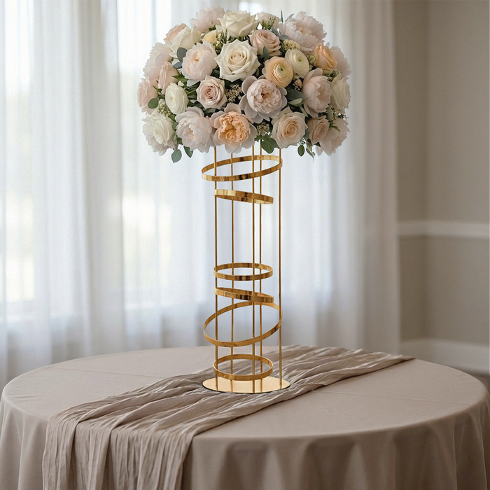 2pcs/set Modern Gold Spiral Table Centerpiece with faux florals on top, champagne chiffon table runner, and champagne tablecloth
