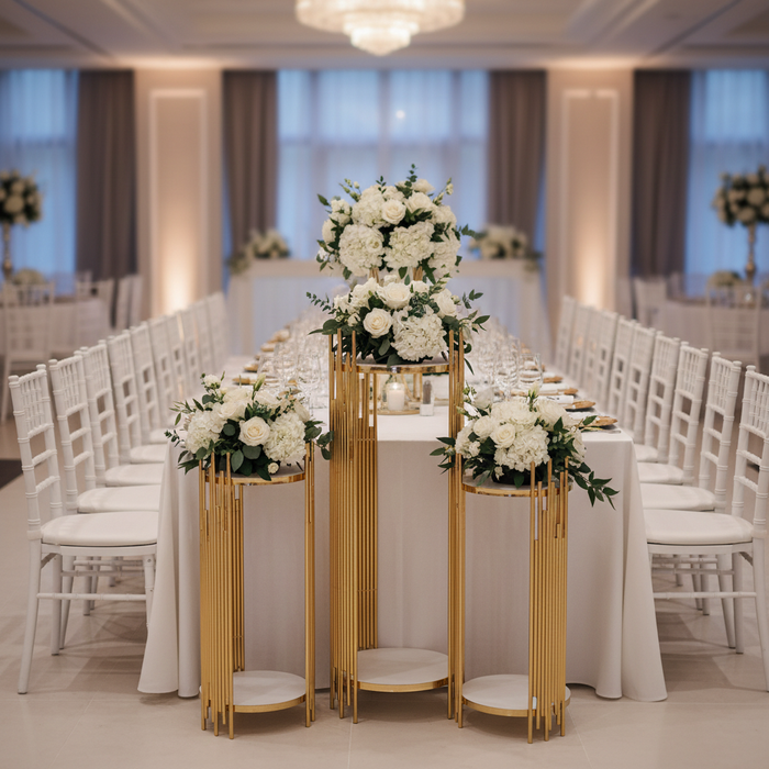 3 pcs of Gold Plinths Round Display Stand with Chiavari White Chairs.