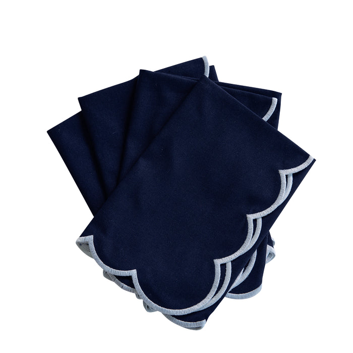 4 pc/pk Scalloped Edge Linen Napkin - Navy Blue/White Trim