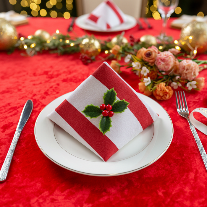 4 pcs/pk Stripe 18"x18" Scalloped Edge Napkins - Red & White Front View