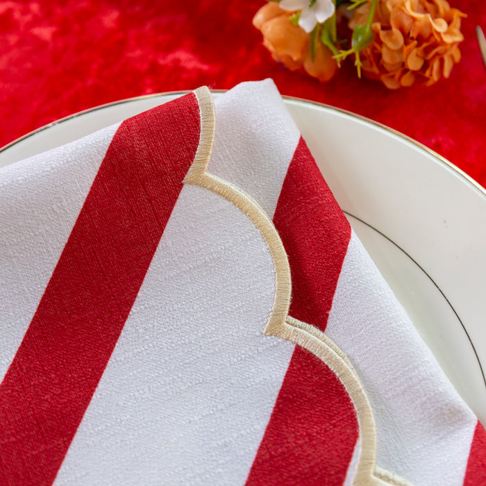 4 pcs/pk Stripe 18"x18" Scalloped Edge Napkins - Red & White - Close Up
