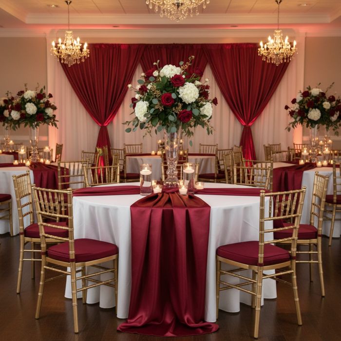 Indoor Wedding Reception – Burgundy Satin