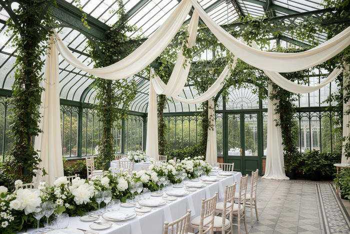victorian greenhouse wedding reception with 40 yds Satin Fabric Roll - Ivory