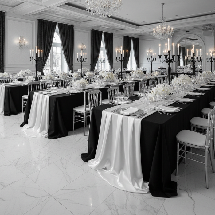 gala corporate dinner setup with 40 yds Satin Fabric Roll - White