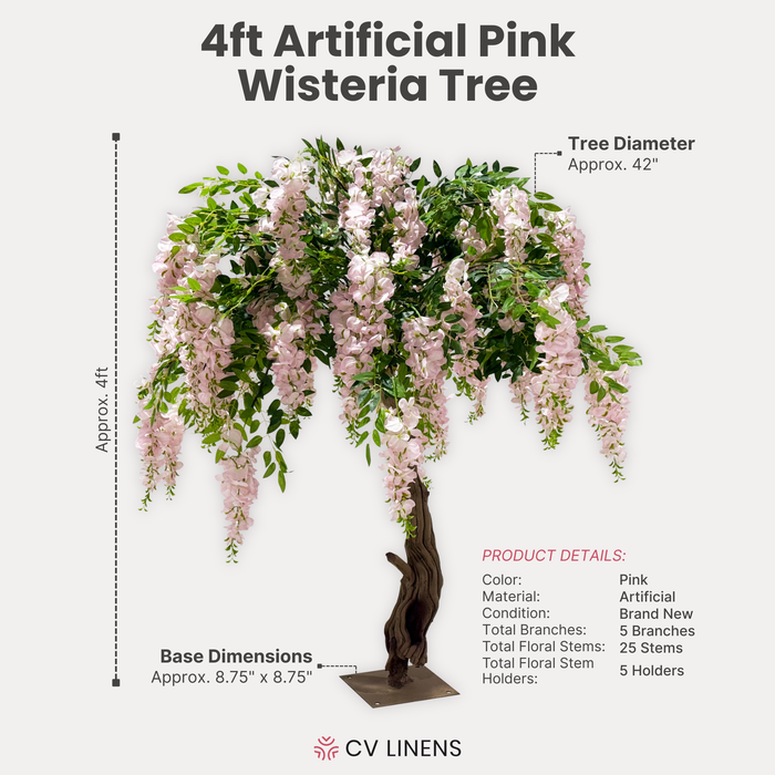 4ft Artificial Wisteria Tree Pink infographic showing dimensions