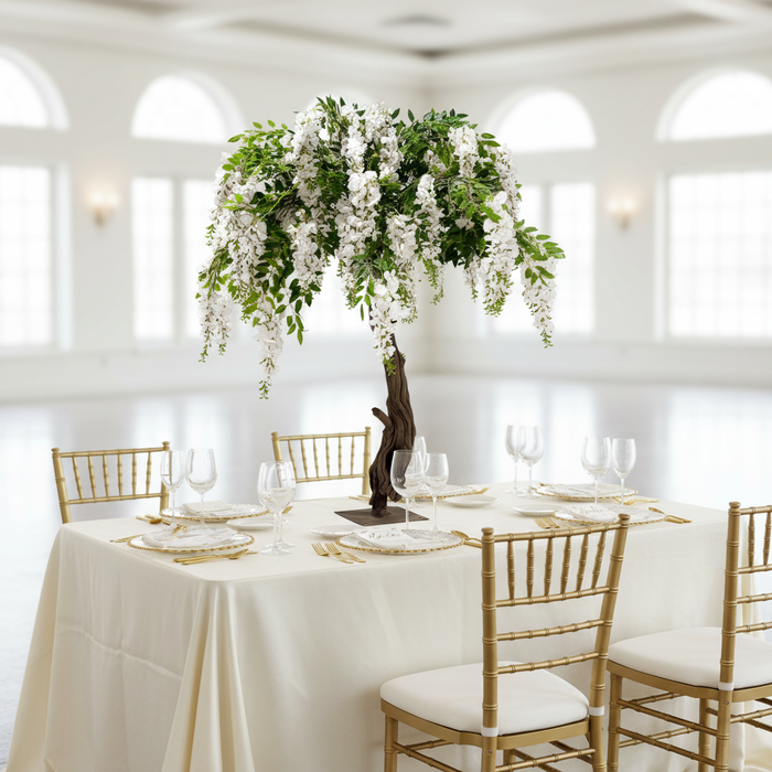 4ft Artificial Wisteria Tree White with gold chiavari chairs