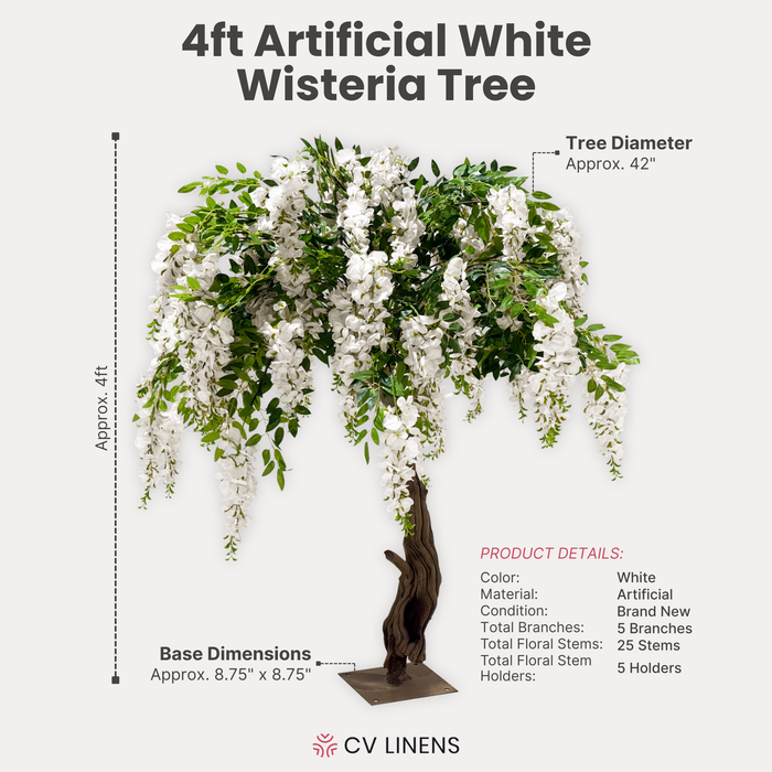 4ft Artificial Wisteria Tree White infographic showing dimensions