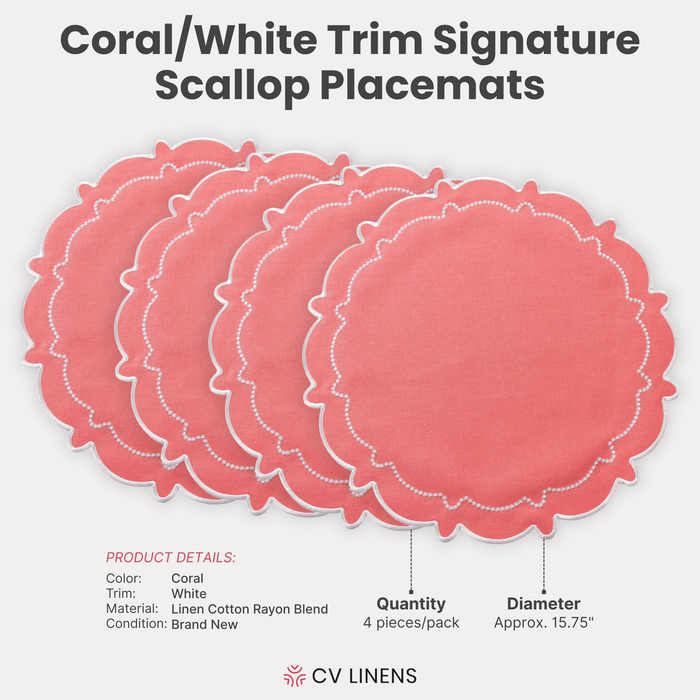 4pc/set Signature Scallop Placemats Coral/White Trim infographic showing product details