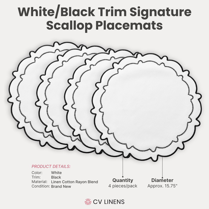 4pc/set Signature Scallop Placemats White/Black Trim infographic showing product details